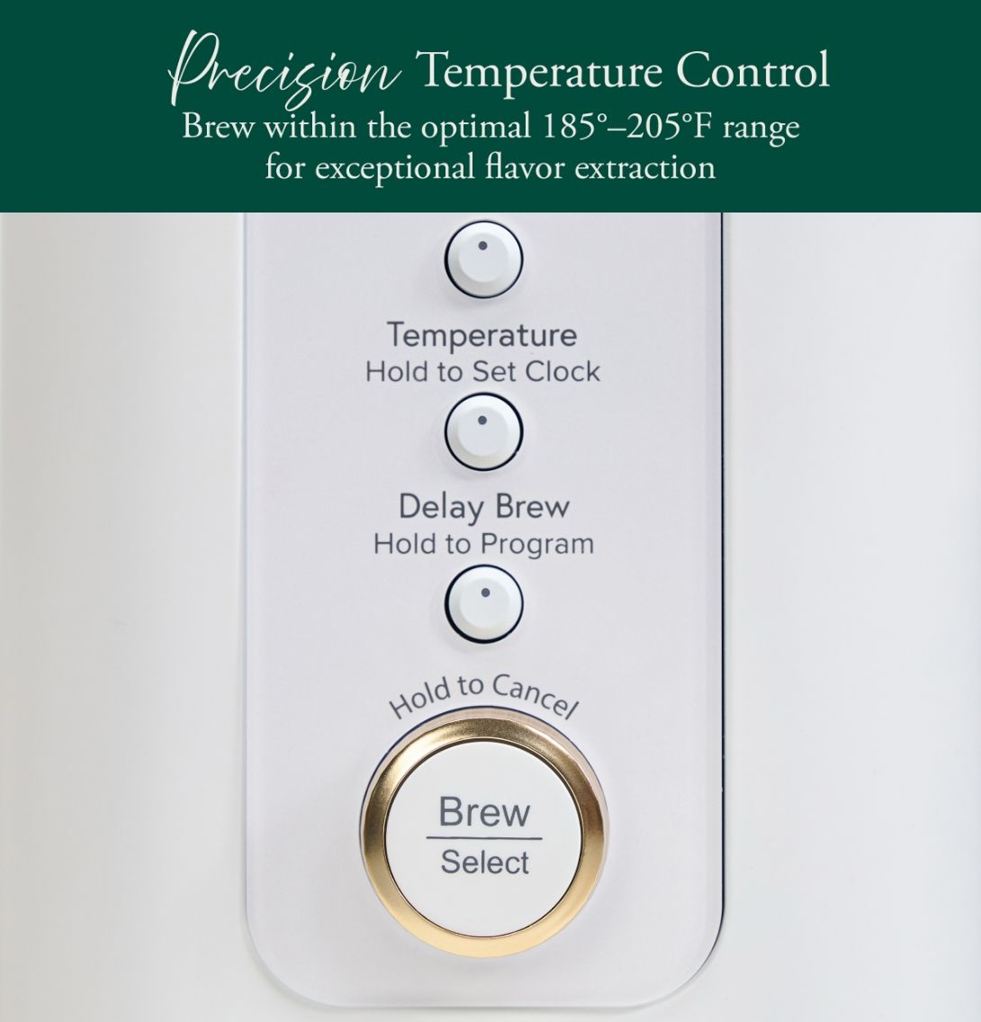 Temperature control settings for brewing coffee with delay and cancel options.