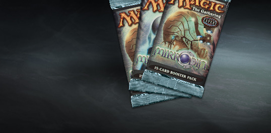 mtg card set list - Mirrodin - Three Magic: The Gathering card packs on a dark background.
