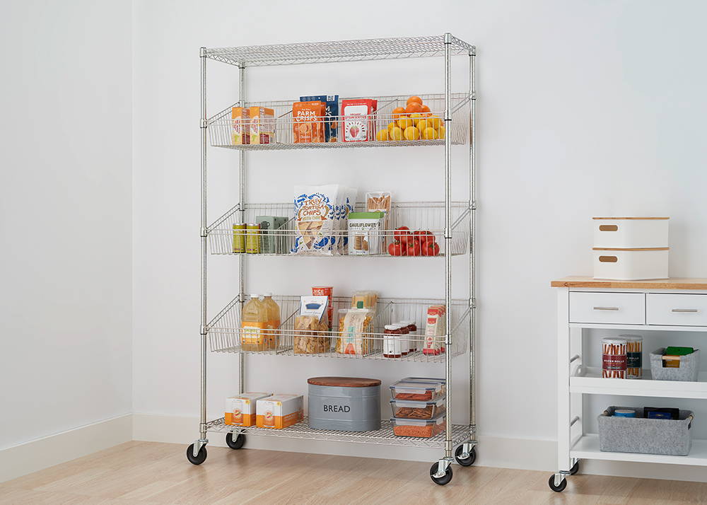 5-tier shelving rack with baskets and dividers in pantry with items on shelves