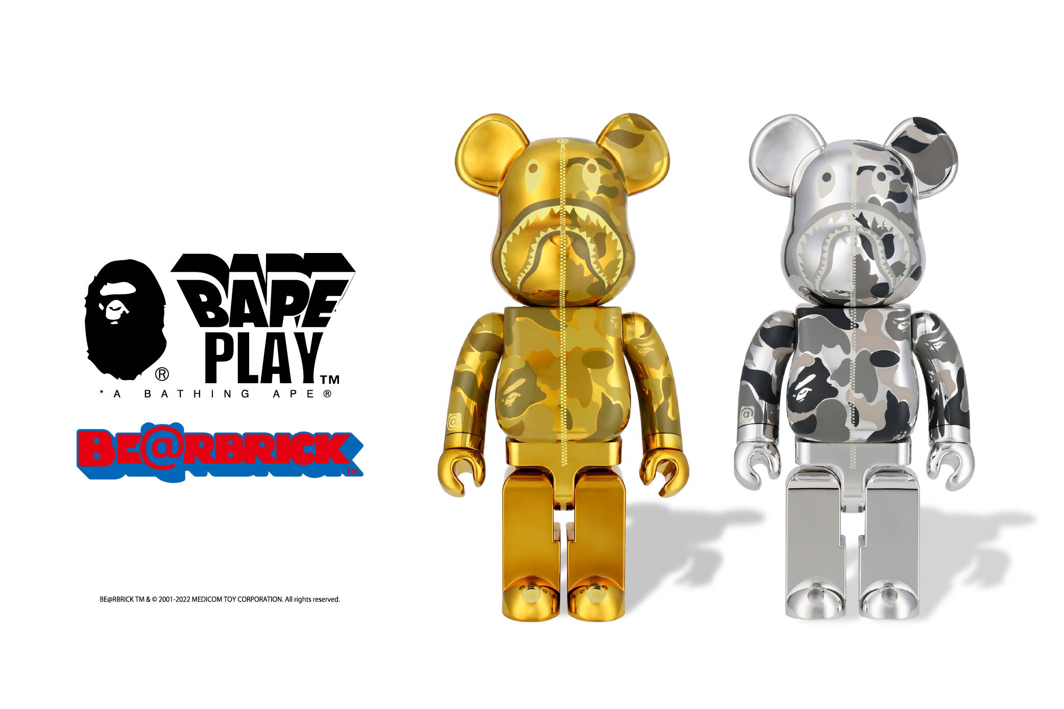 BE@RBRICK BAPE®︎ CAMO SHARK GOLD & SILVER | bape.com BE@RBRICK BAPE®︎ CAMO SHARK GOLD & SILVER | bape.com