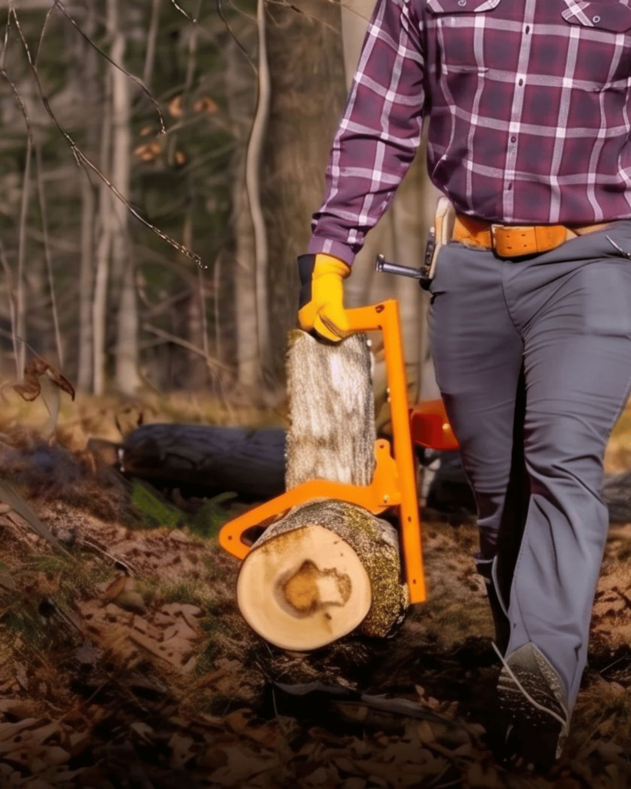 Person carrying a log using a log carrier in a wooded area.