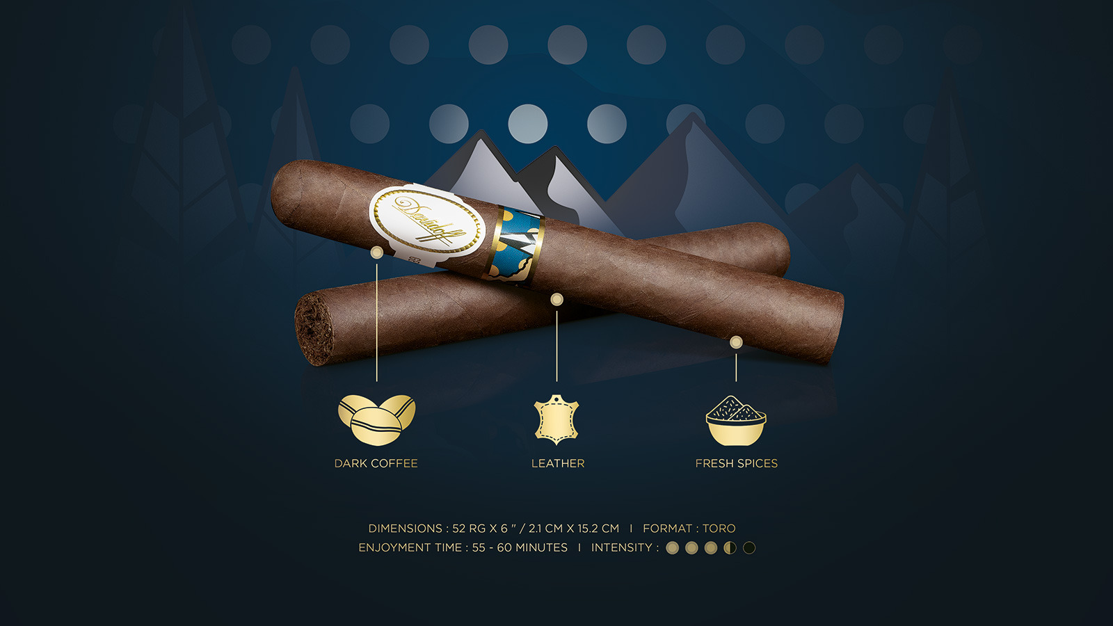Two toro cigars which come with the Davidoff & Boyarde Masterpiece Humidor Elementary with blend details displayed, such as main aromas, enjoyment time and intensity.