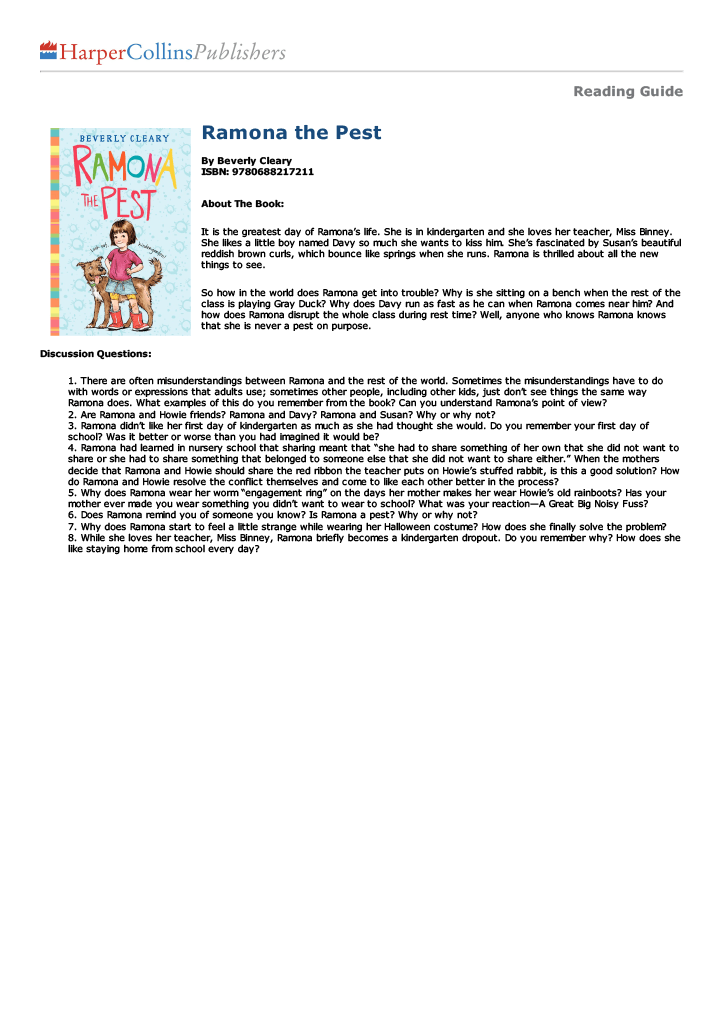 Reading guide for 'Ramona the Pest' by Beverly Cleary.