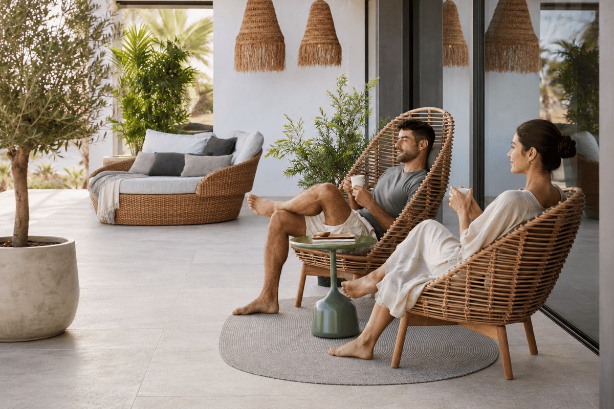 Couple’s getaway patio with woven outdoor lounge chairs, side table, and relaxed resort-style seating.