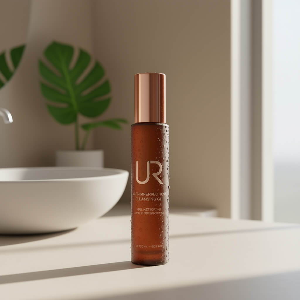 UR Anti-Imperfections Cleansing Gel skincare product on a shelf with a plant.