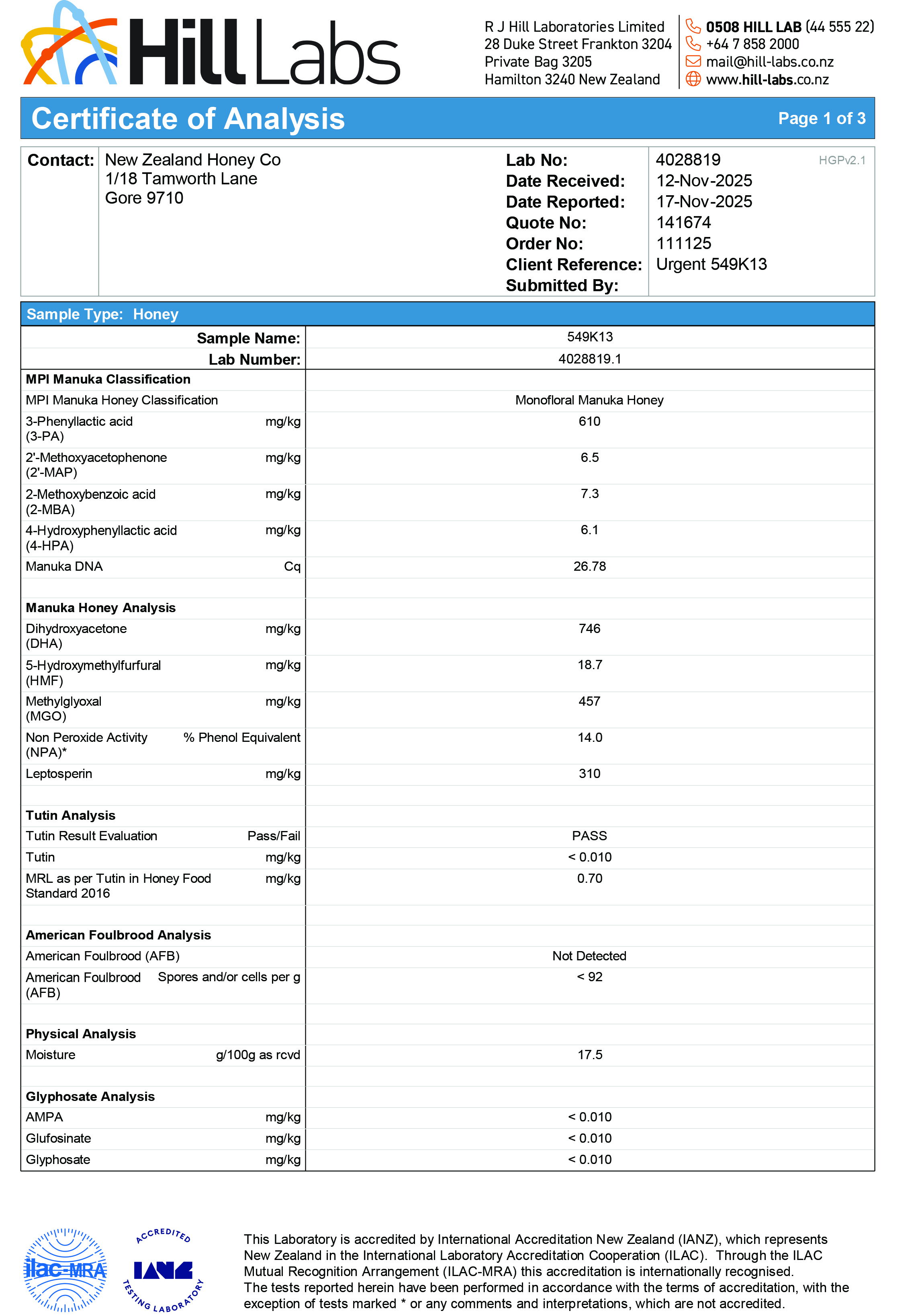 Certificate of Analysis from Hill Labs with test results and details.