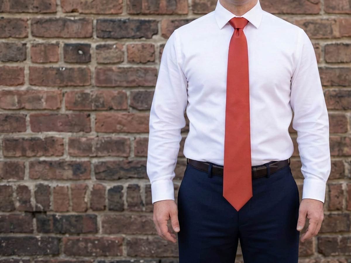 Man standing against a brick wall wearing a necktie that's too long with business clothing 
