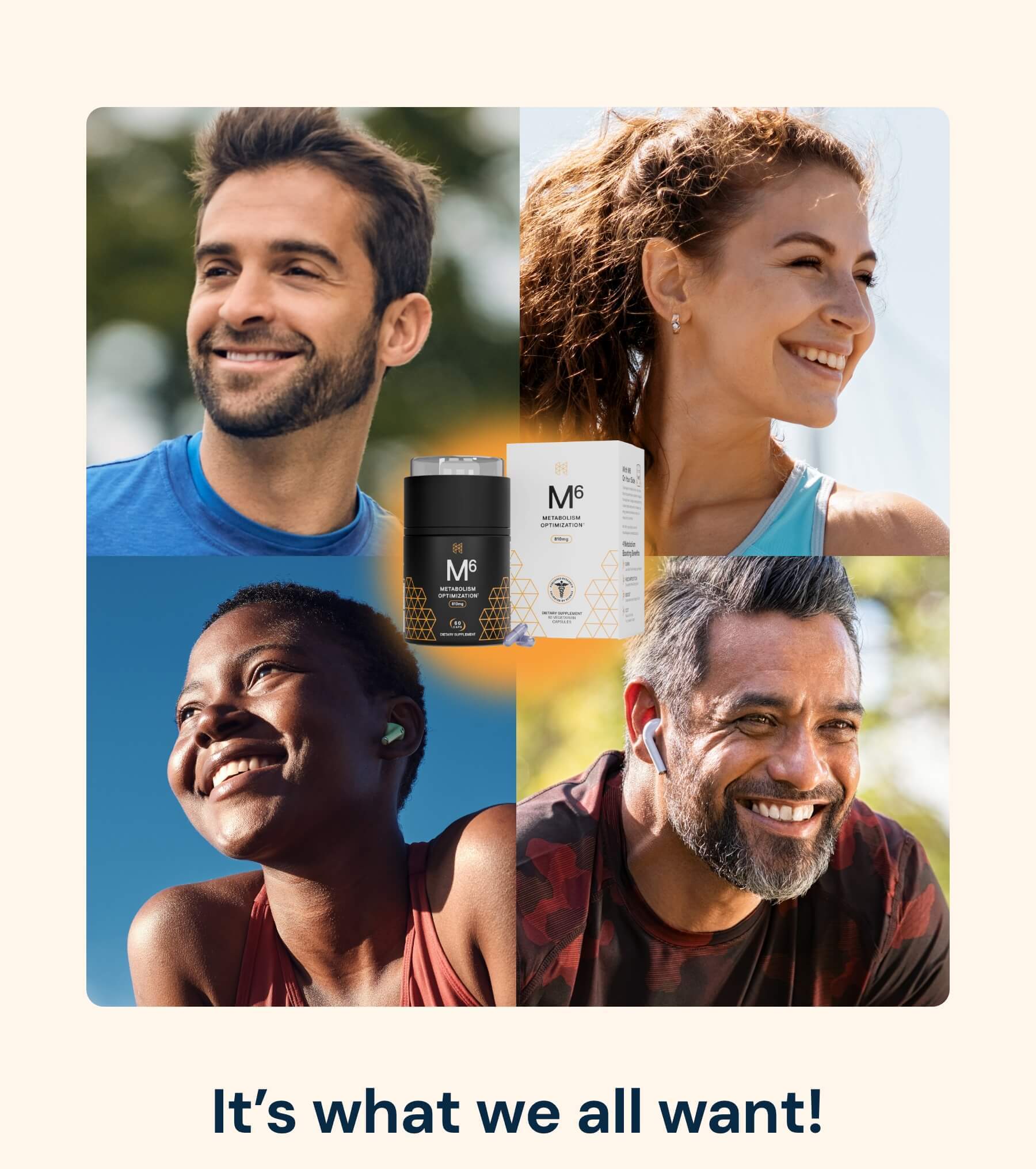 Cuatro personas sonrientes con un producto, subtitulado