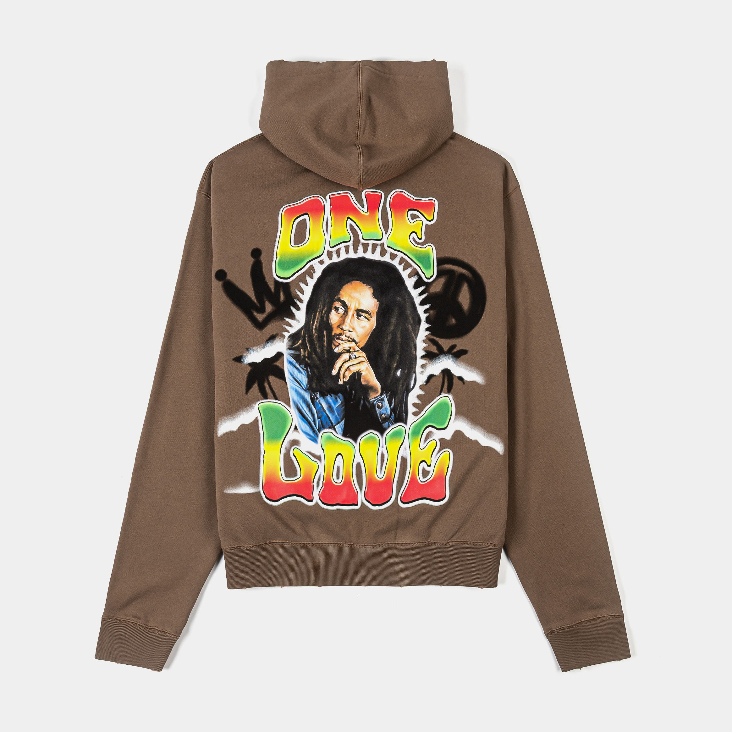 Brown zip-up hoodie with graphic design on the front.