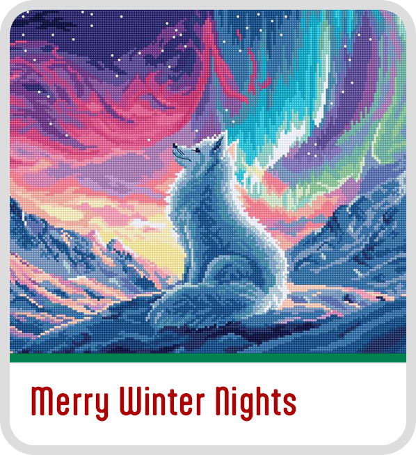 A wolf sits under a colorful aurora in a winter landscape. Text Merry Winter Nights
