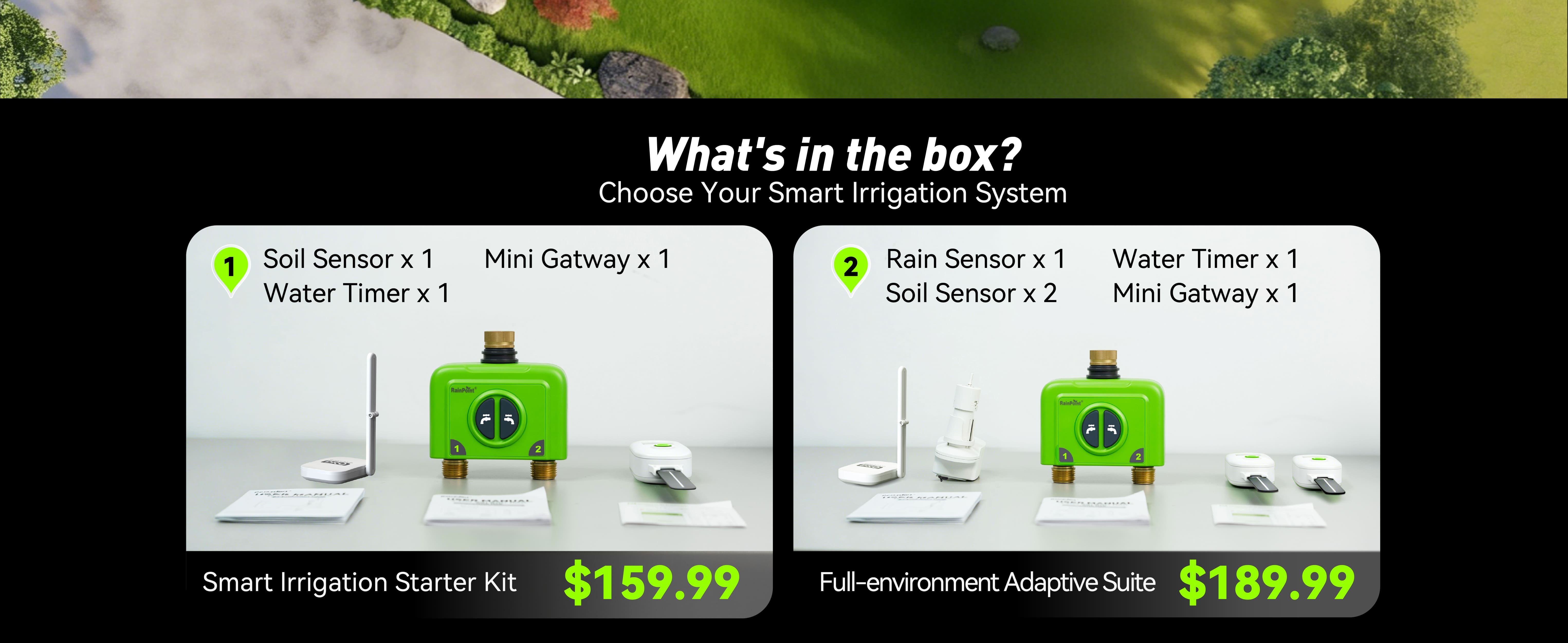 Smart irrigation system options and pricing displayed in a promotional format.