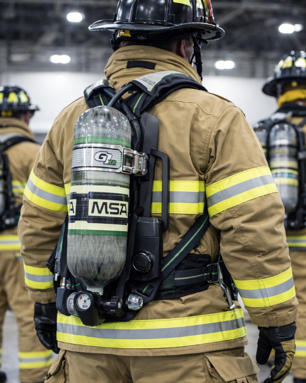 Firefighter wearing protective gear and an oxygen tank in a training environment.