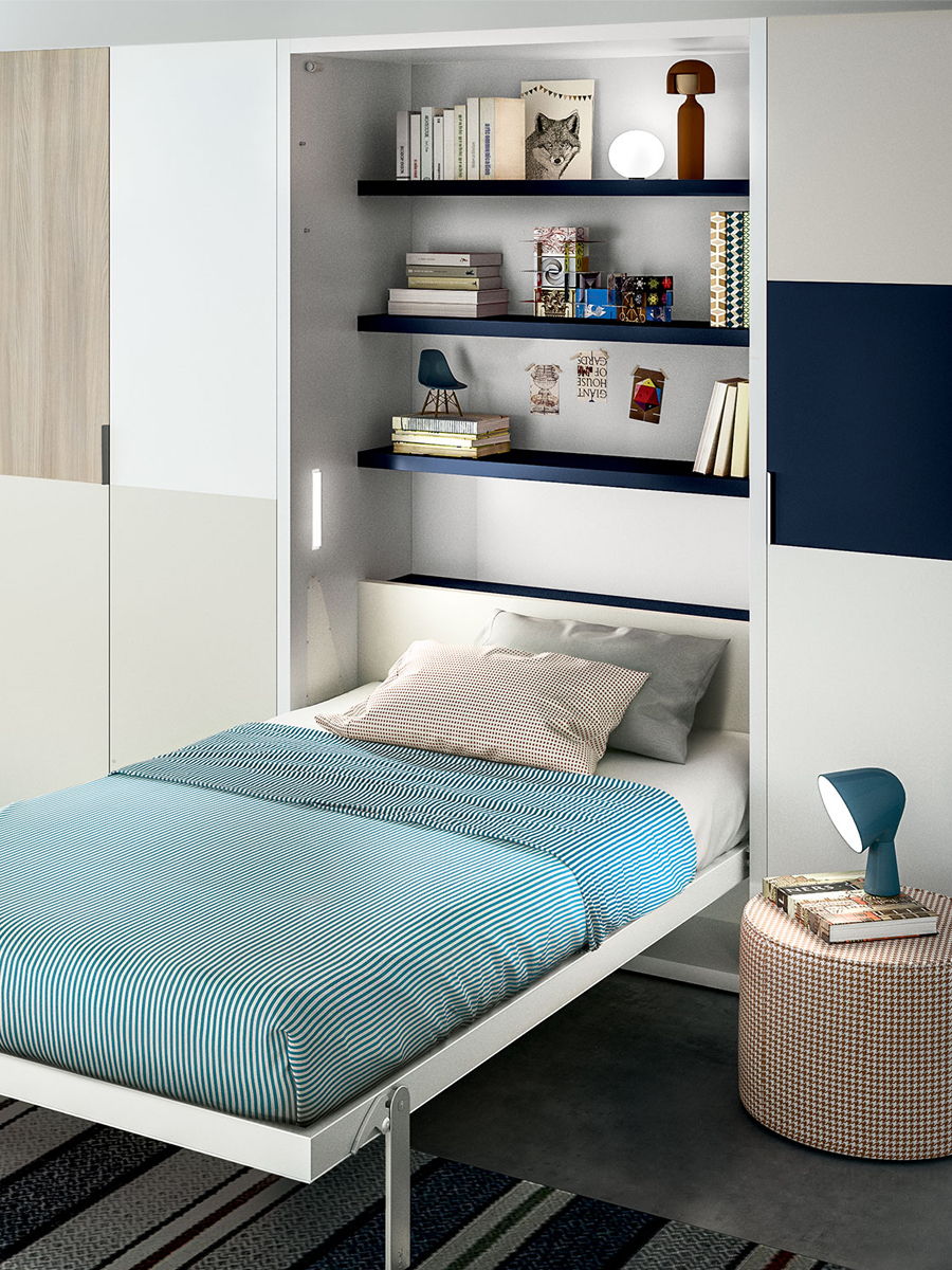 Modern bedroom with a foldable bed and shelves for books and decor.