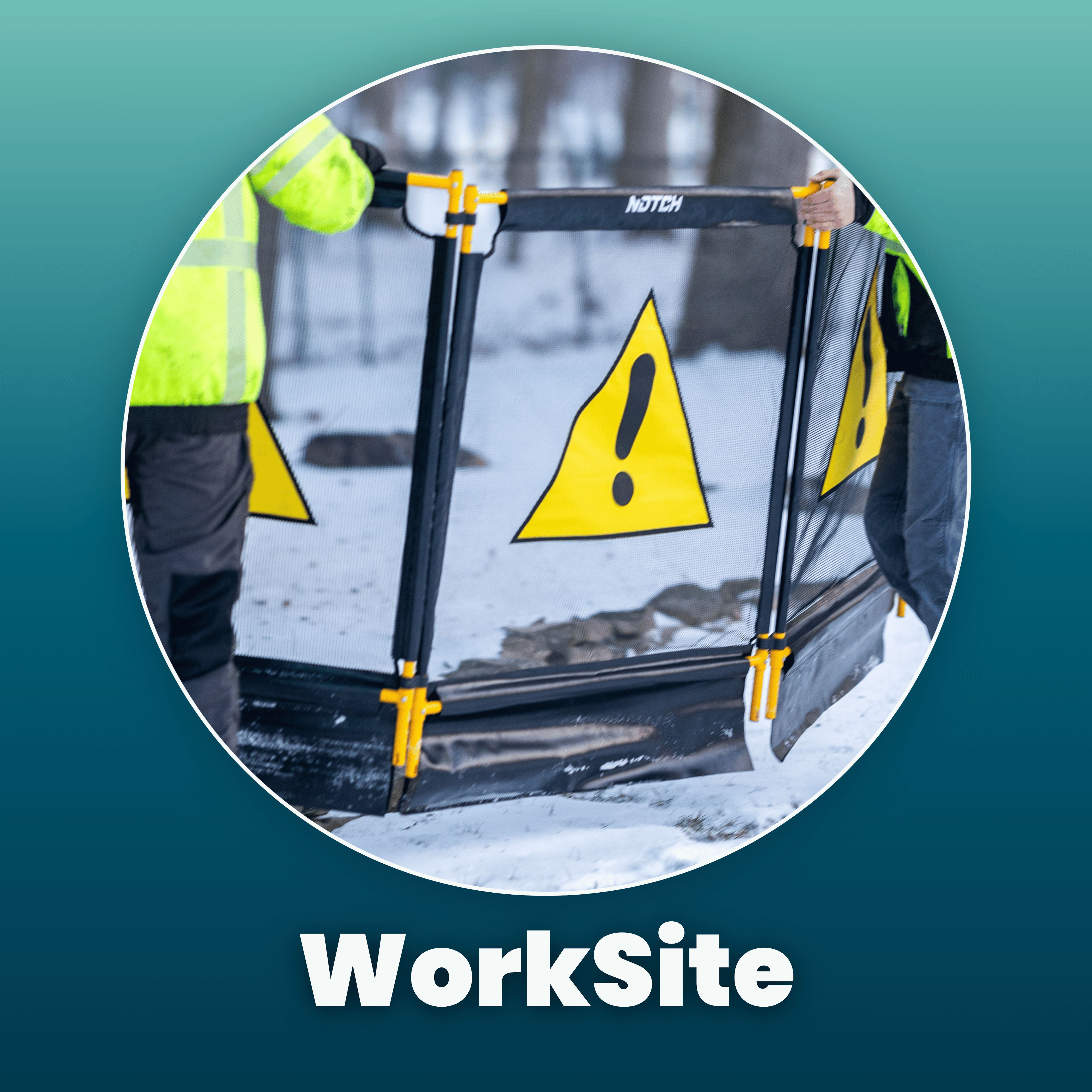 Warning sign barrier held by workers at a construction site.