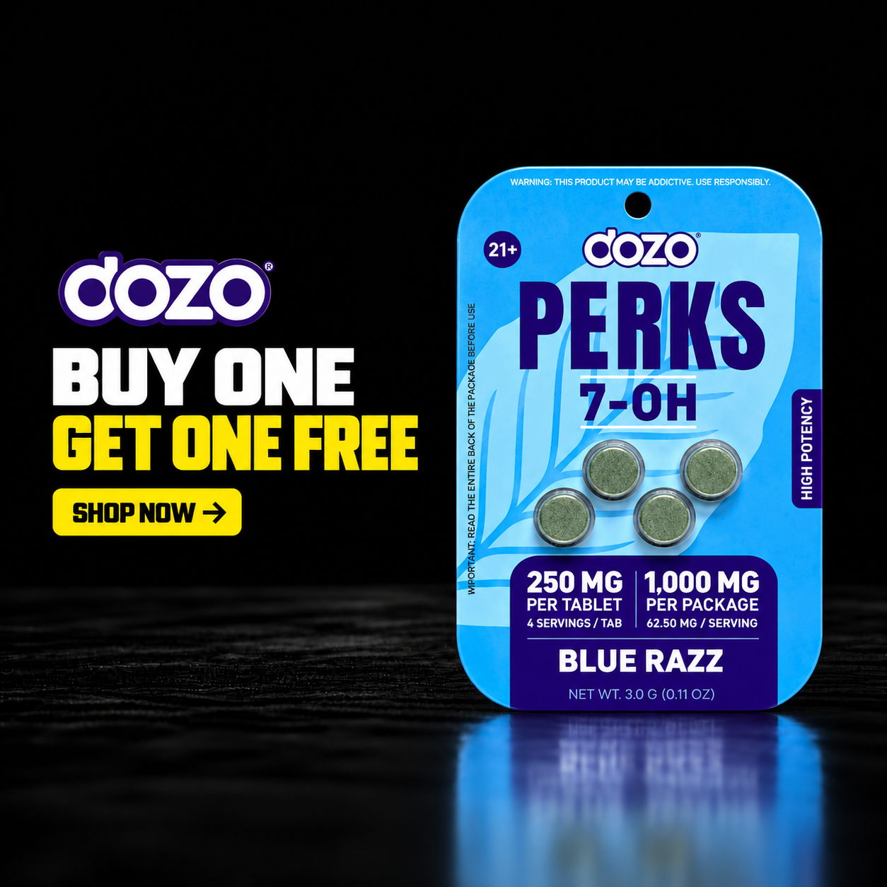 Dozo Perks 7-OH tablets, Blue Razz flavor, buy one get one free promotion.