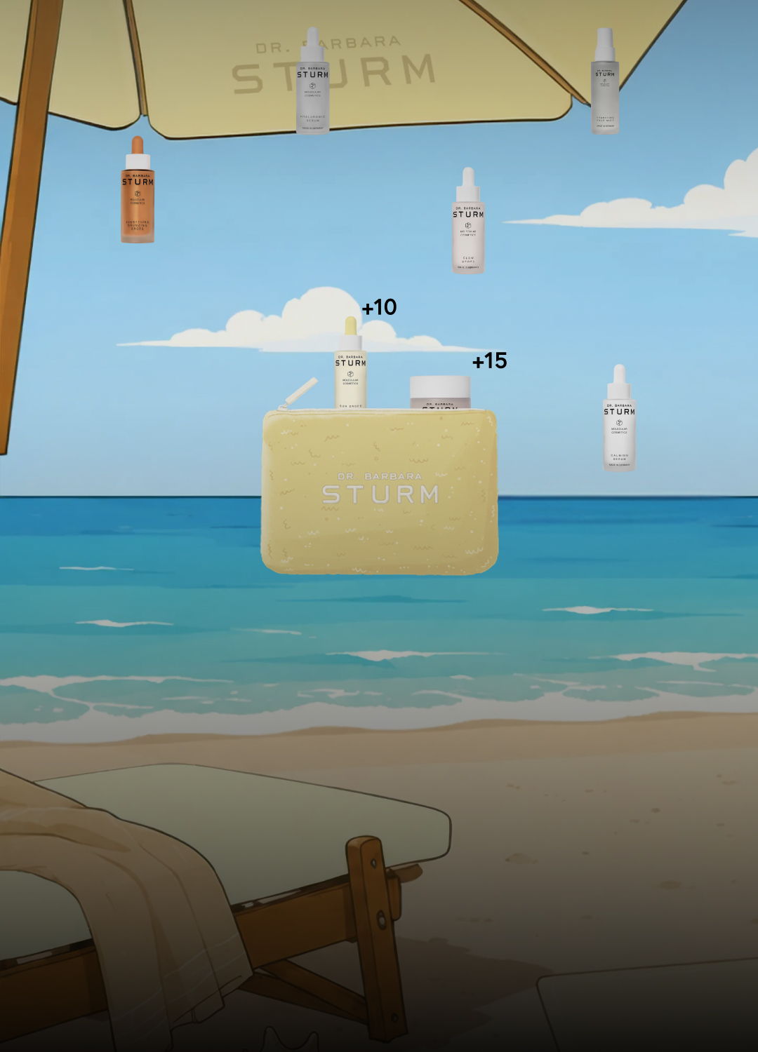 Cartoon beach scene with skincare products and a sun umbrella.