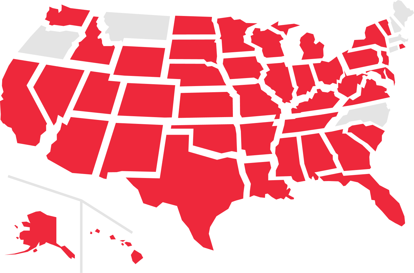 Map of the United States with highlighted states in red and white.