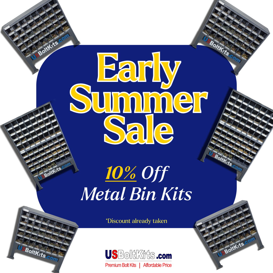 sale ad for usboltkits.com with metal bin kits surrounding a blue banner displaying a 10% off sale