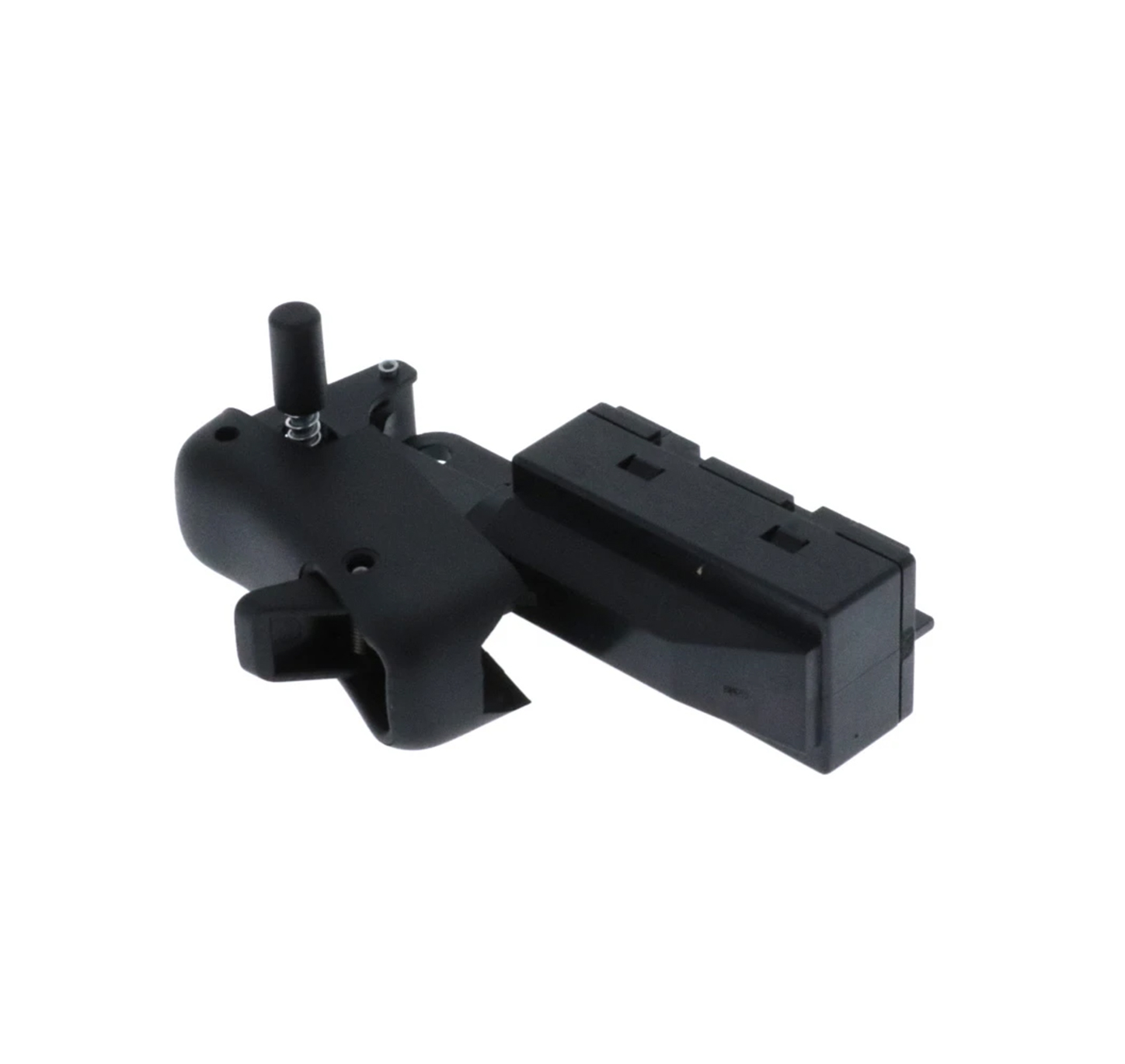 Black automotive component with a lever and connector.