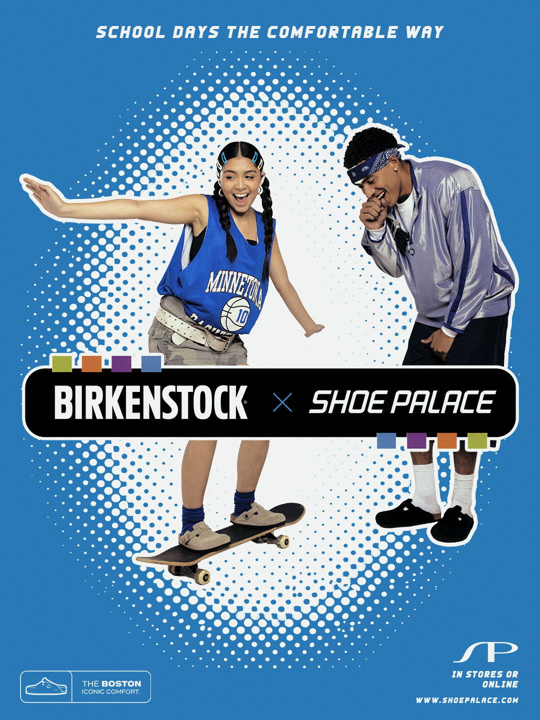 Birkenstock x Shoe Palace promotion featuring two stylish individuals.
