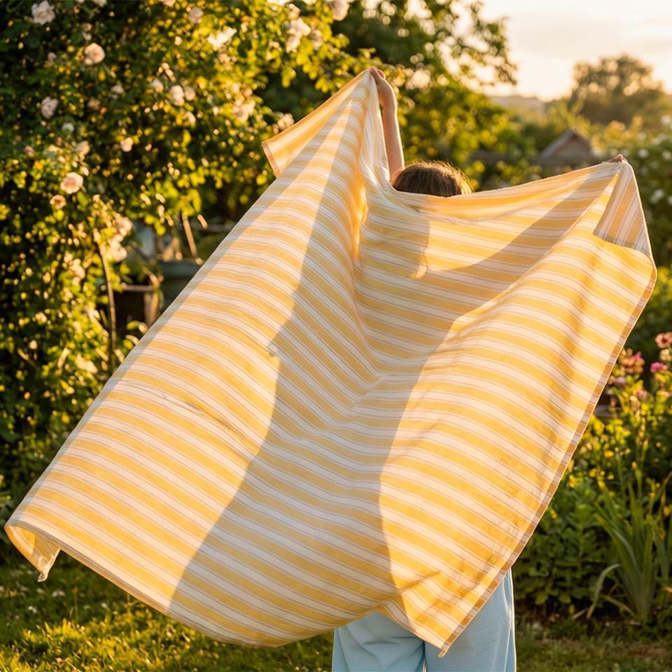 Person holding a large yellow and white striped blanket outdoors in sunlight.