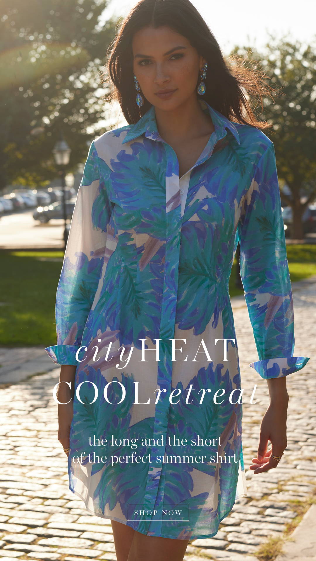 city heat cool retreat | the long and. the short of the perfect summer shirt | Woman wearing short blue palm leaf printed cotton dress for woman's warm weather dressing