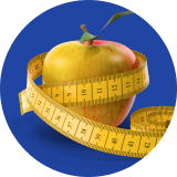 An apple wrapped in a measuring tape on a blue background.