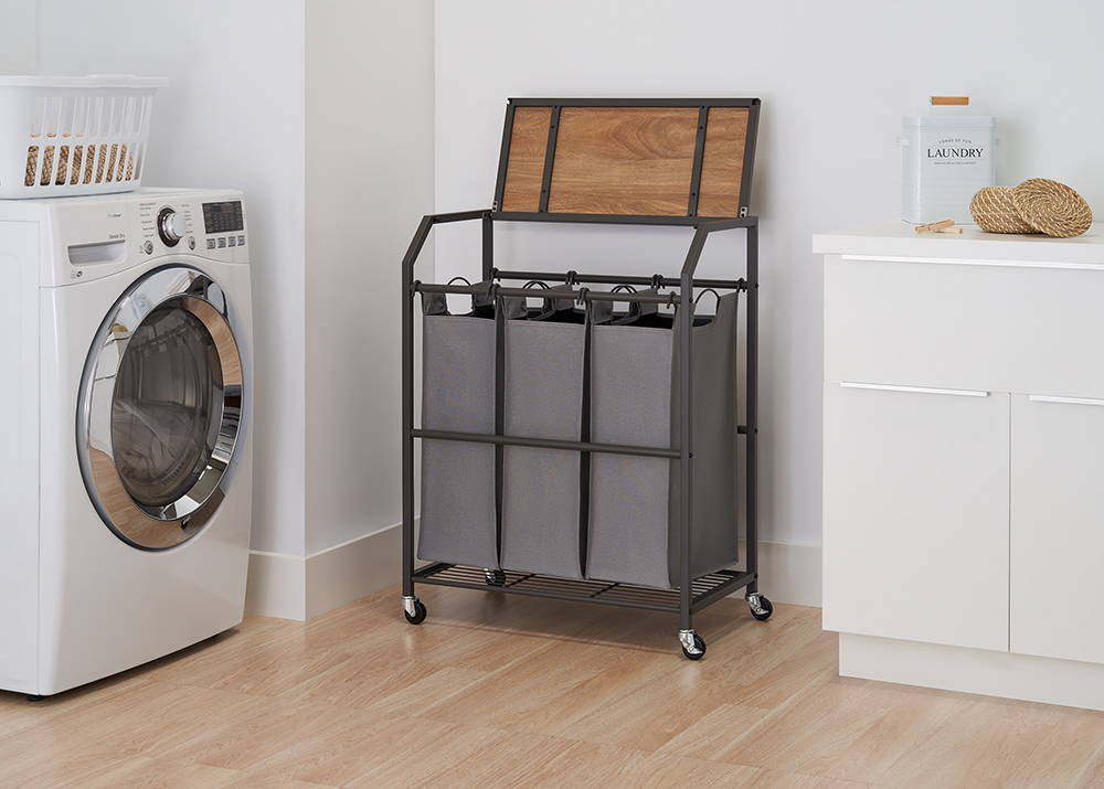 Laundry cart in laundry room with top shelf flipped up