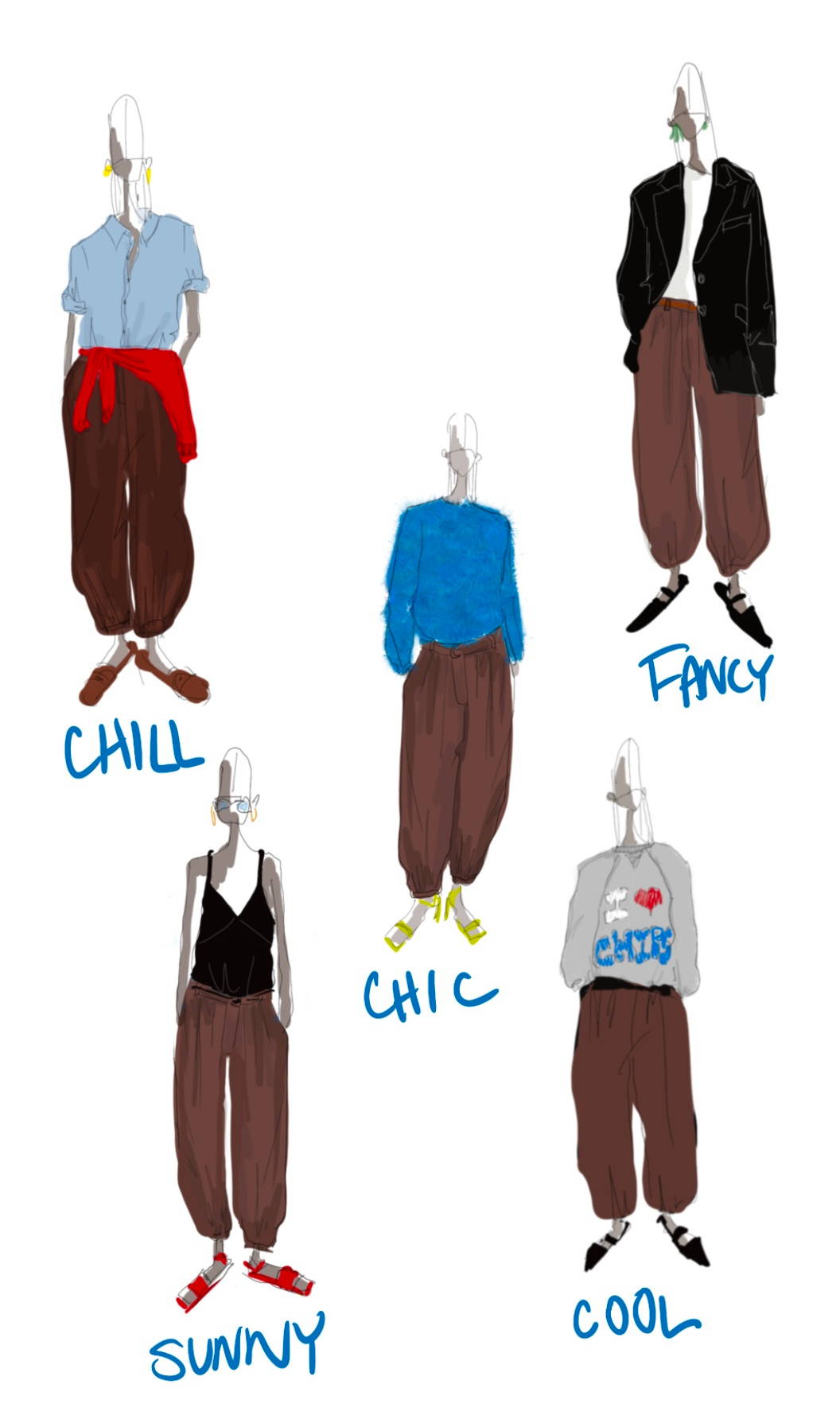 illustration of women wearing the same pants in different ways