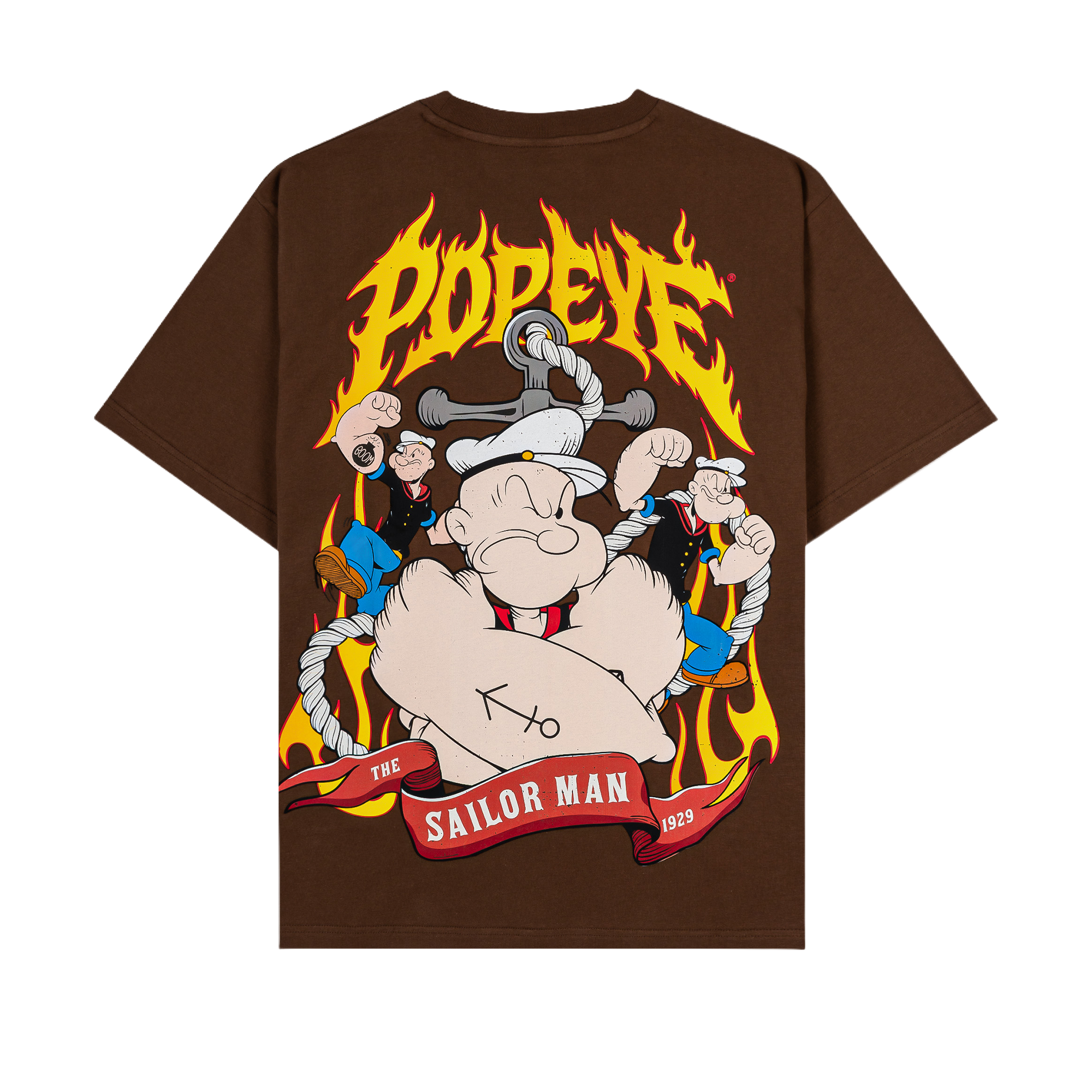 Brown t-shirt featuring a cartoon character with blonde hair and blue shoes.