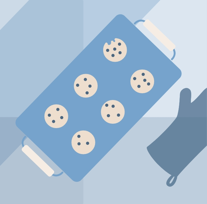 An illustration of holiday cooking, featuring a roasting pan filled with chocolate-chip cookies.