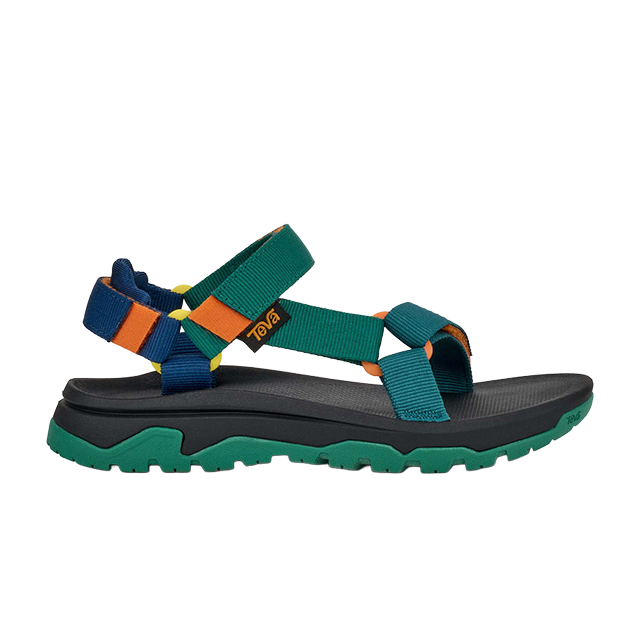 Colorful outdoor sandal with adjustable straps and rugged sole.
