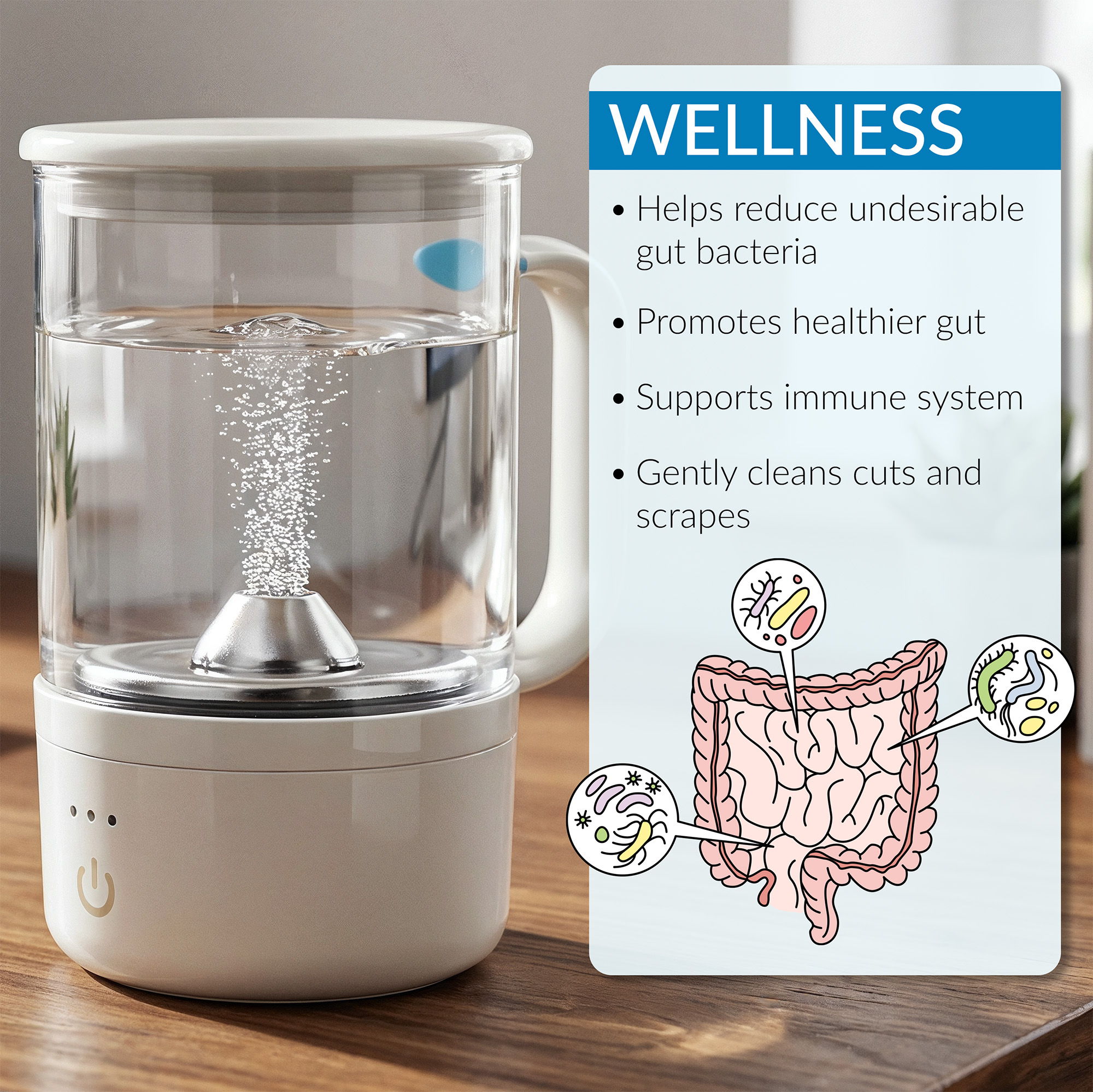 EZO3 water purification device with wellness benefits listed.