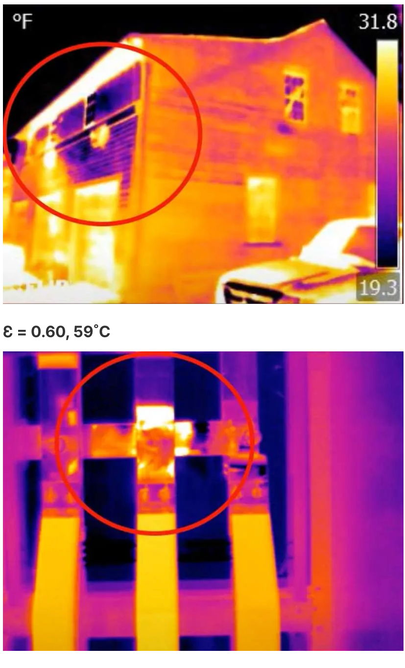 Thermal imaging examples showing how reflected infrared energy can appear as a false hot spot