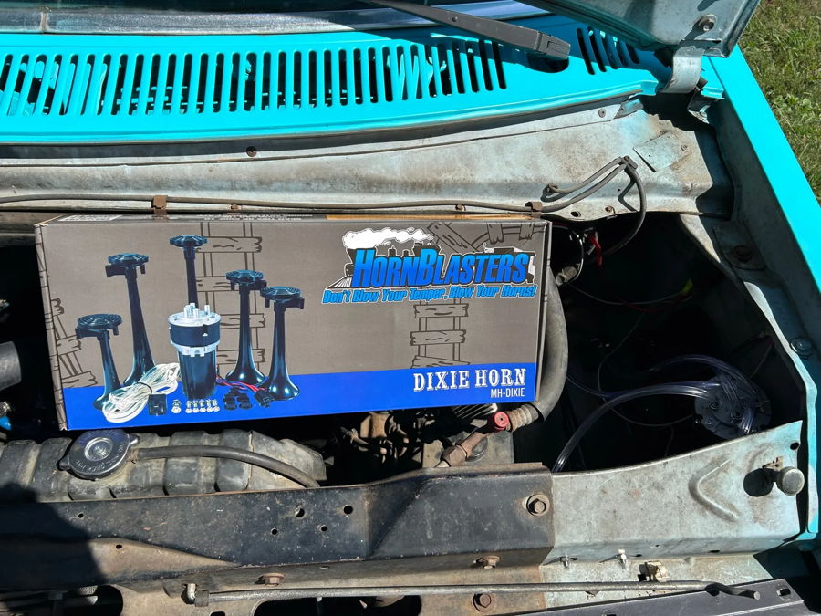 HornBlasters Dixie Horn MH-DIXIE product box on turquoise engine bay radiator Blake's 1982 Econoline gallery photo 2