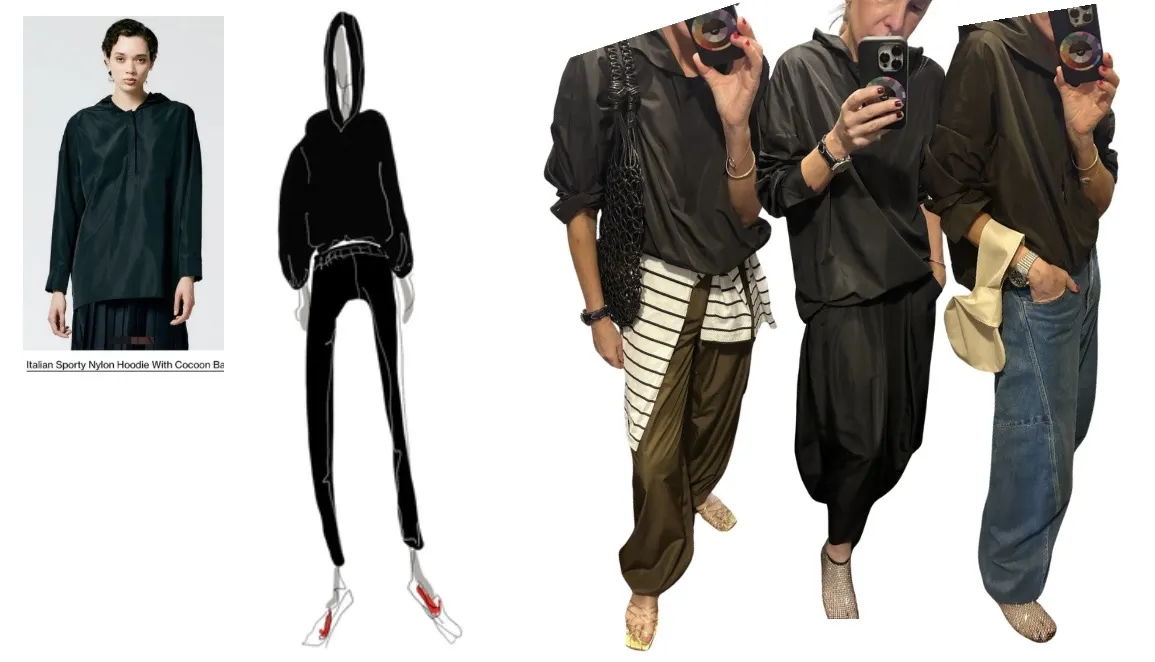 Fashion outfits displayed on models, showcasing various styles and designs.