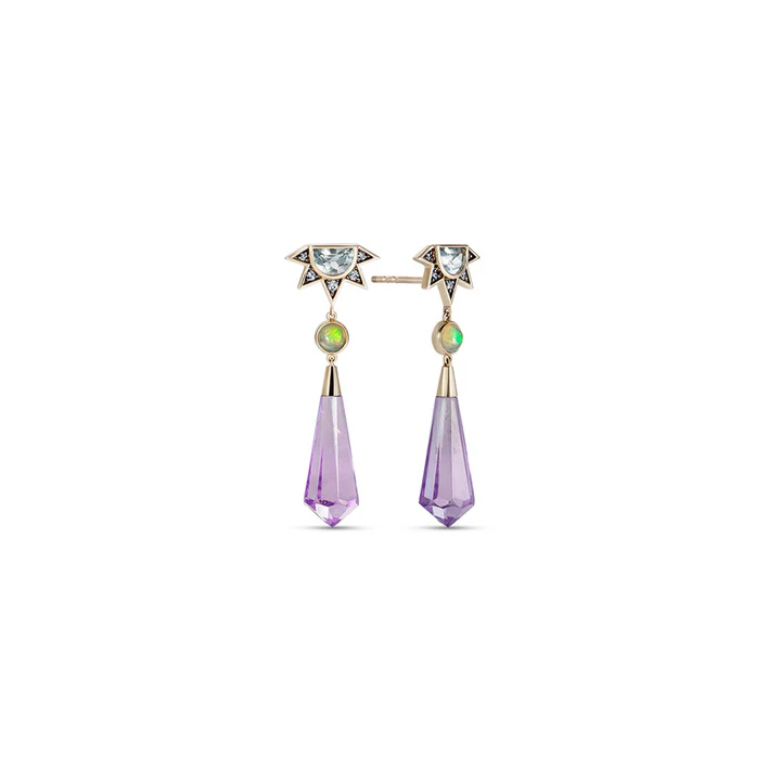 Elegant earrings featuring purple and green gemstones with a unique design.