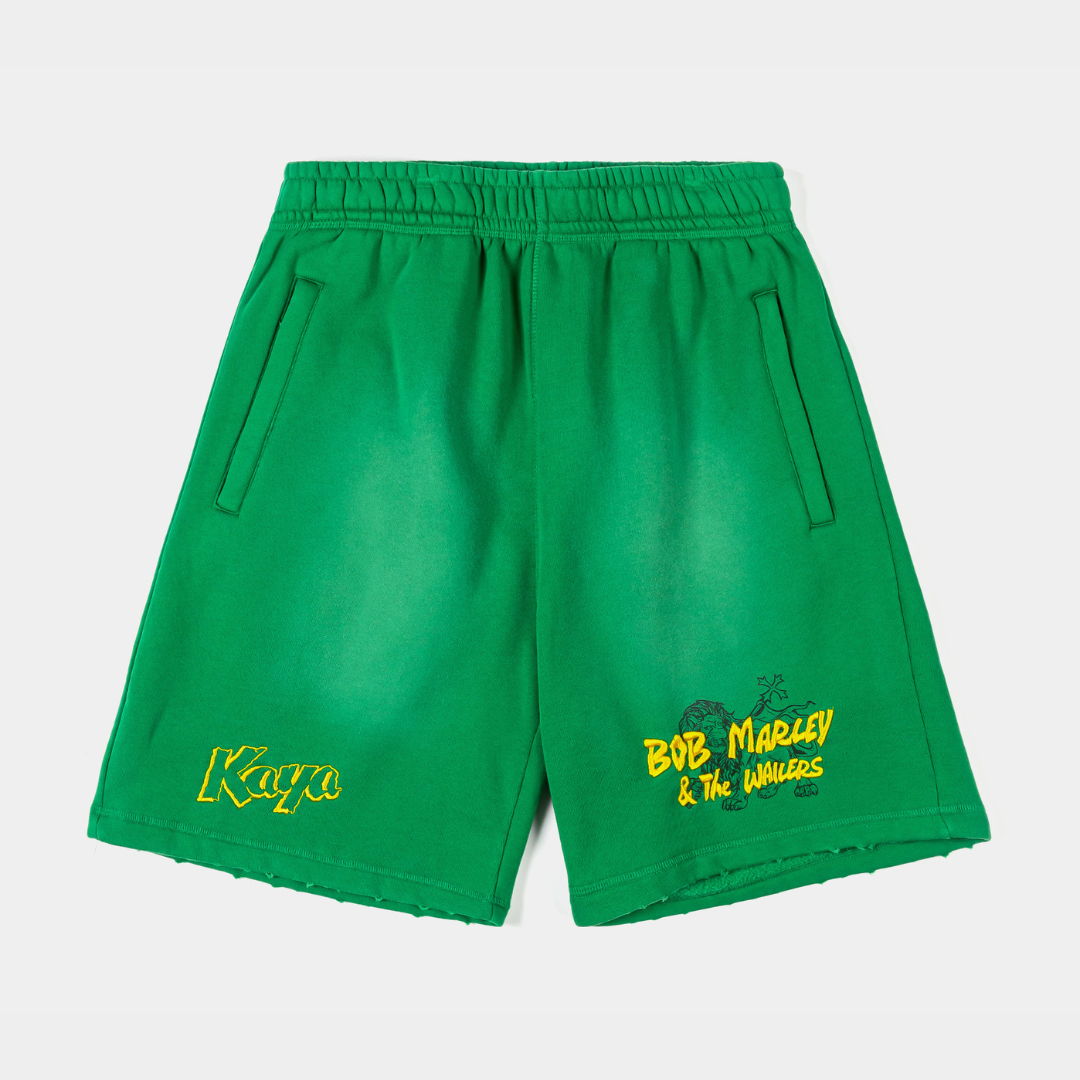 Green shorts with text and pockets, casual wear.