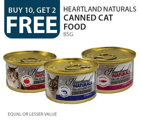 Buy 10, get 2 free Heartland Naturals canned cat food 85g. Equal or lesser value