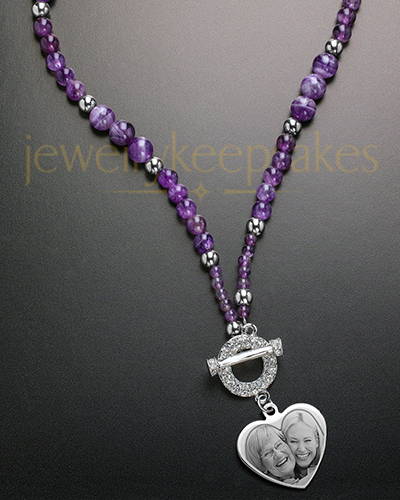 Iris Purple Beaded Heart Photo Engraved Necklace
