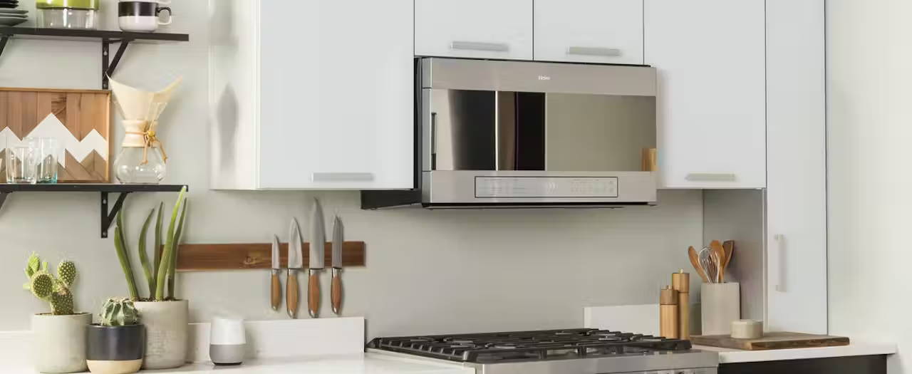 Haier stainless steal microwave installed in a contemporary kitchen