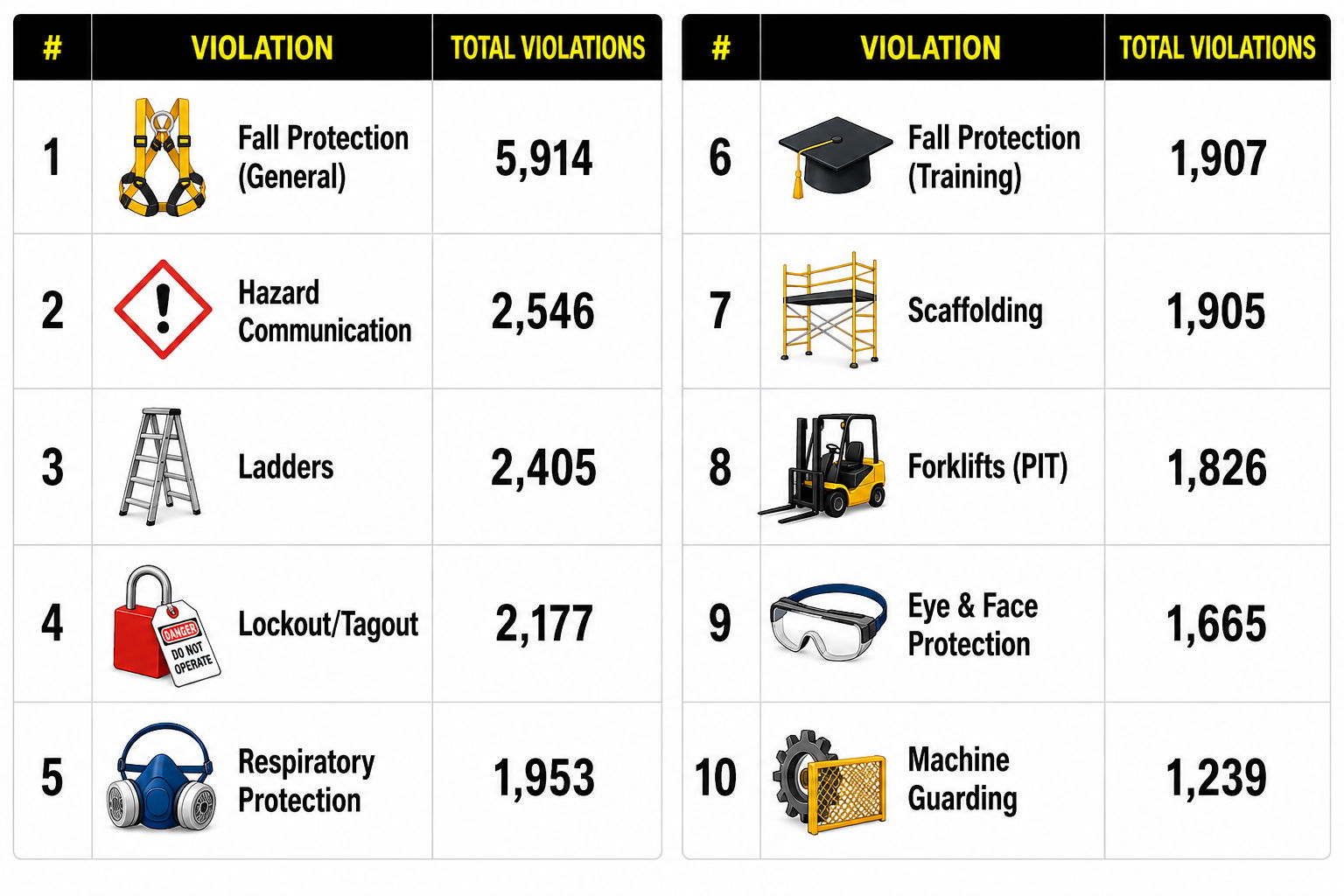 Top safety violations and total counts in a table format.