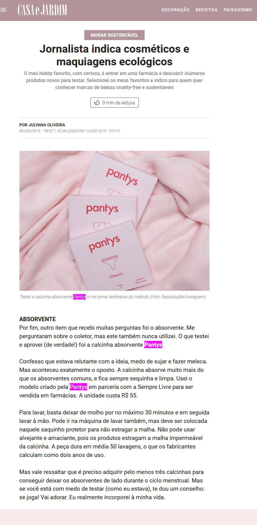 Print do site da Casa e Jardim referenciando a calcinha absorvente Pantys