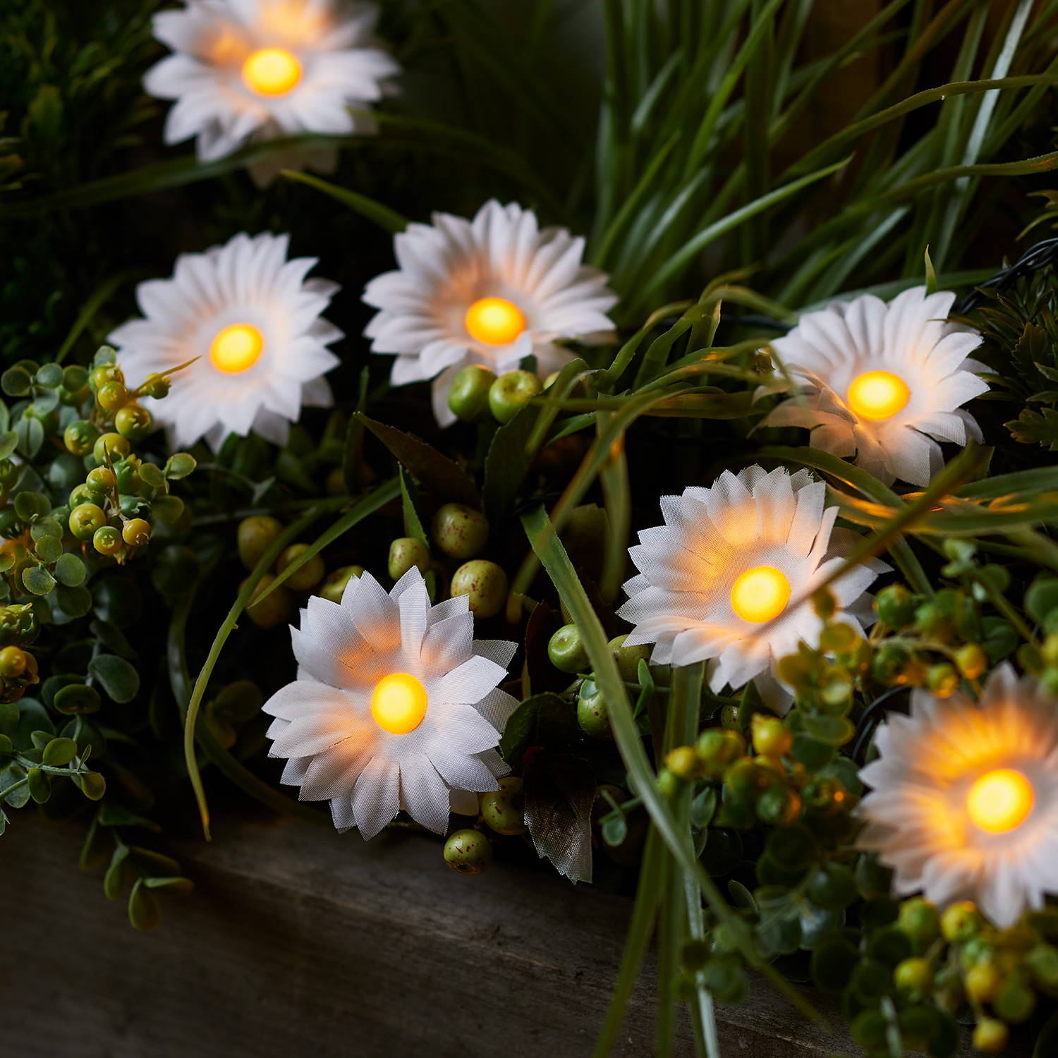 Mini solar stake daisy lights in a flower bed outside.