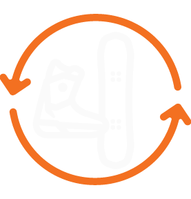 Icon of a snowboard and boot with circular arrows.