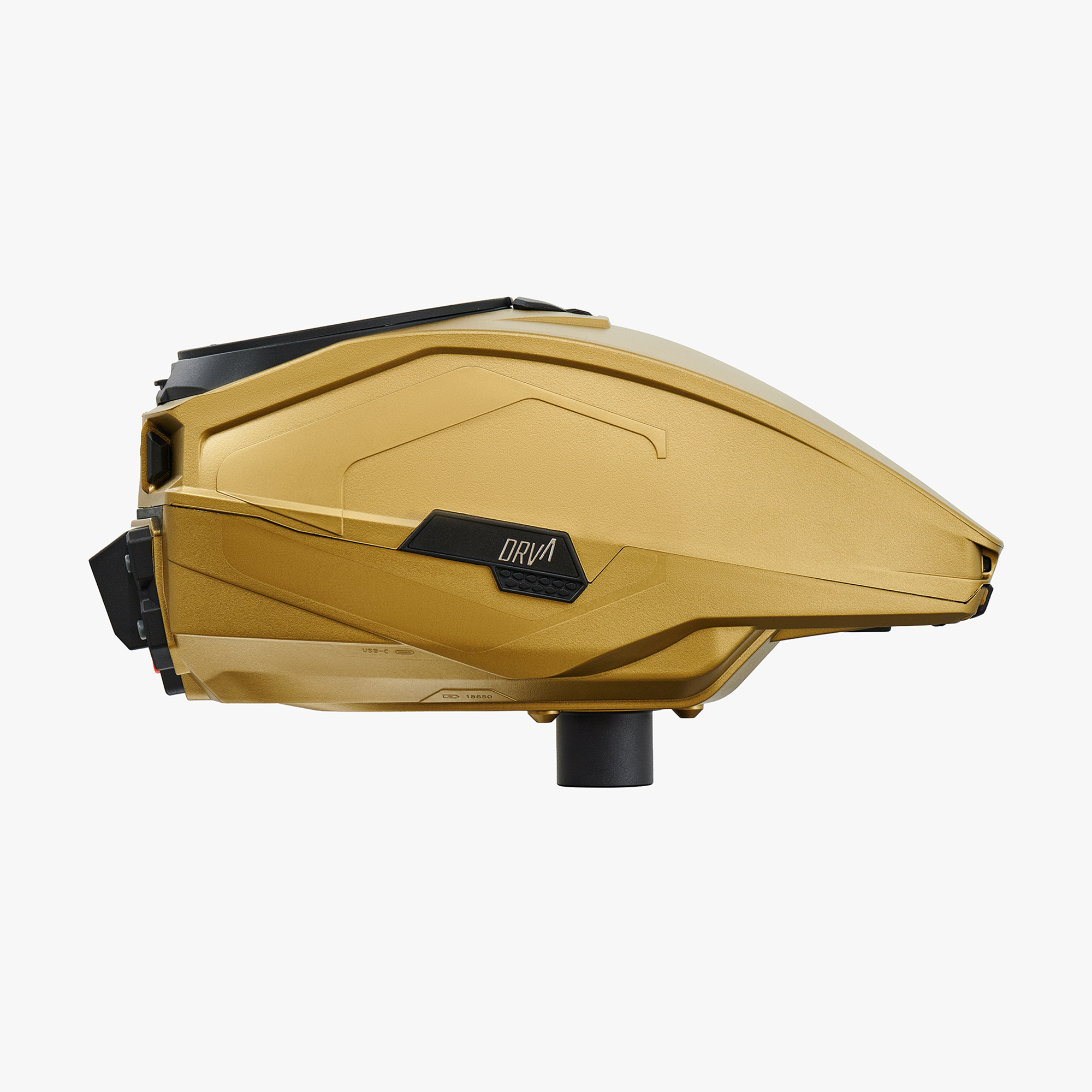 Gold paintball loader viewed from the side against a white background.