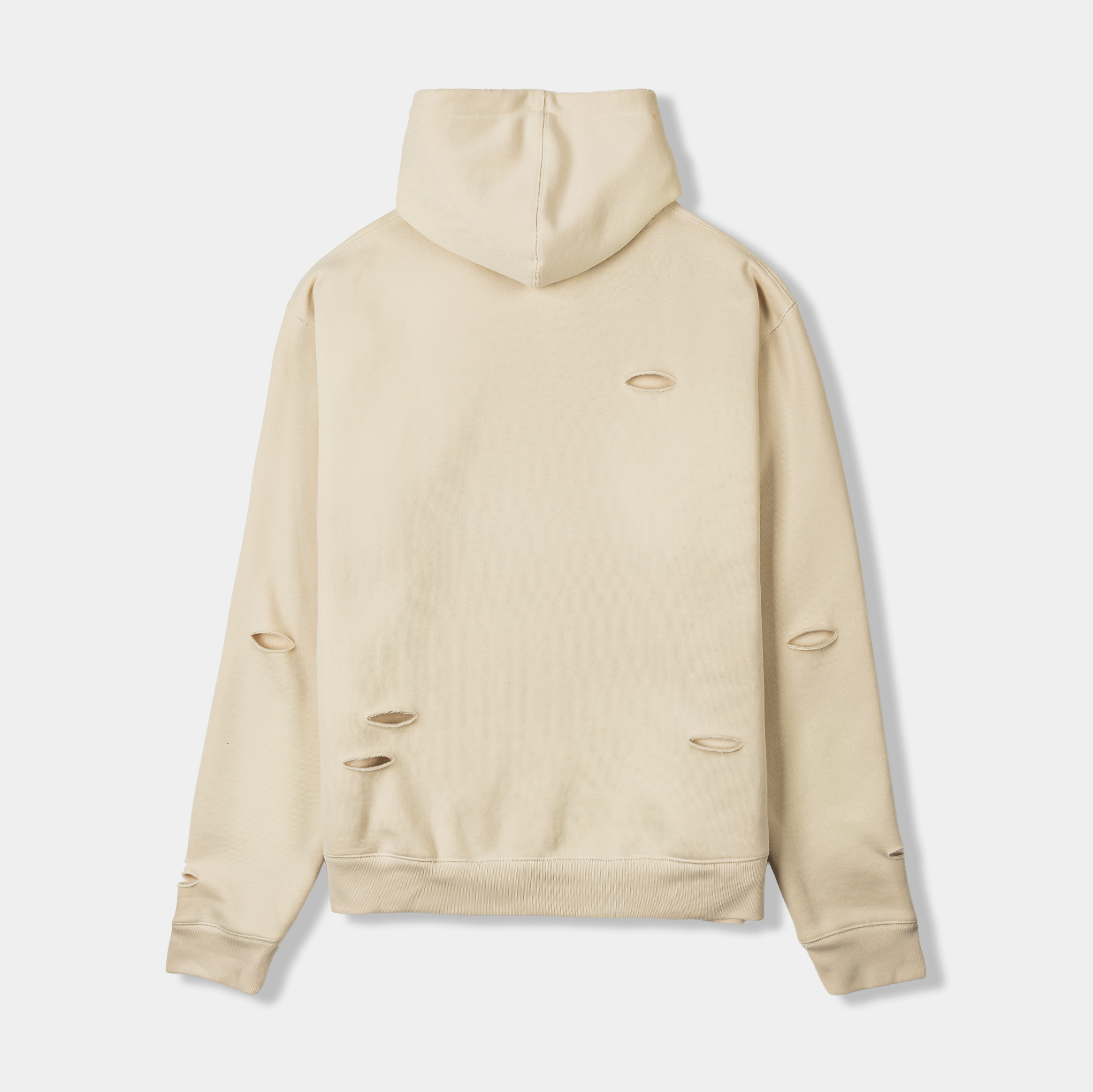 Beige hoodie with a graphic of a man and distressed details.