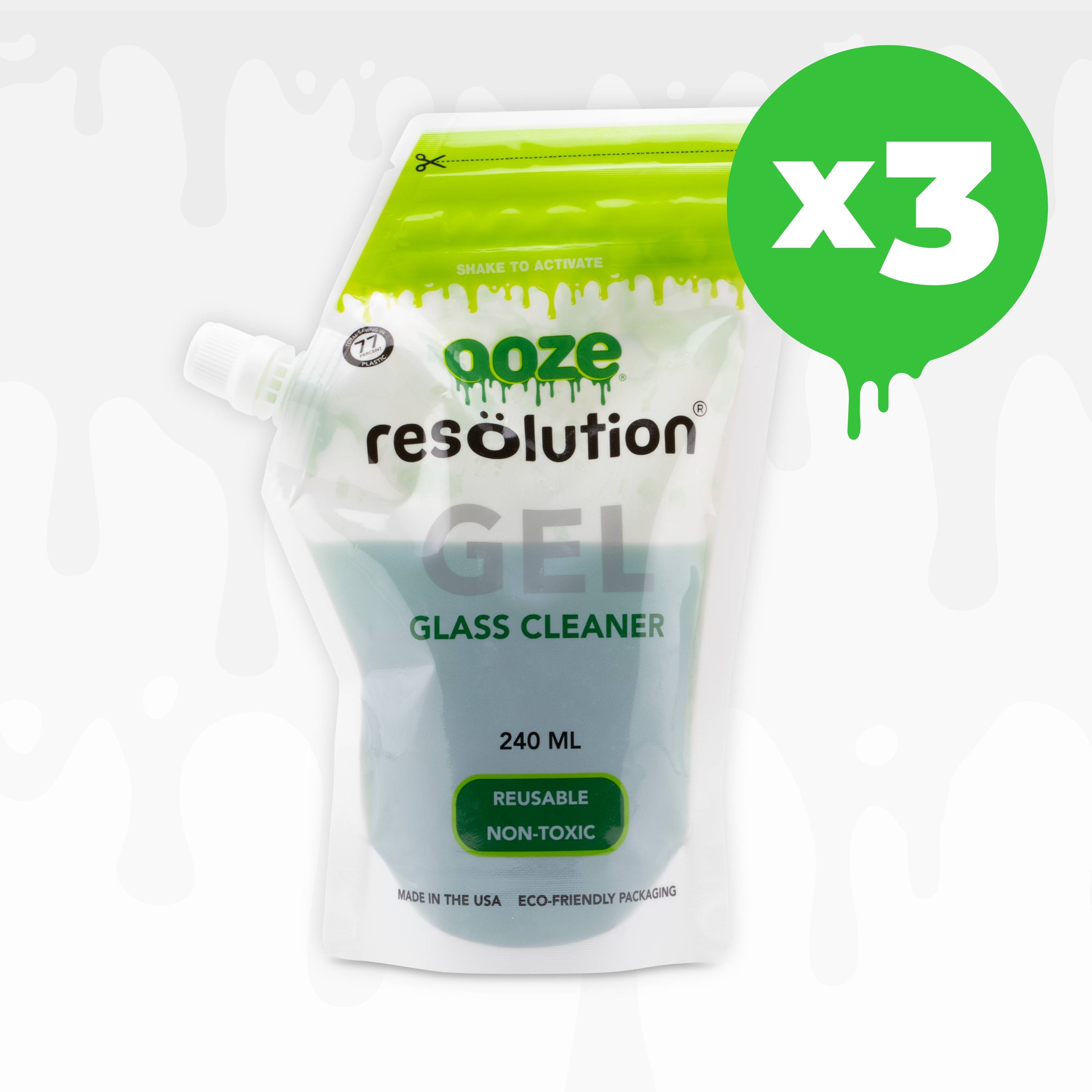 A pouch of Ooze Resolution glass cleaning gel is shown with a green bubble with x3 in white in the middle.