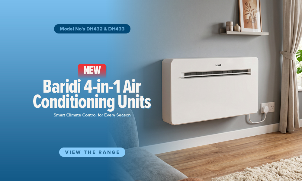 Baridi 4-in-1 air conditioning unit on a wall in a modern room.