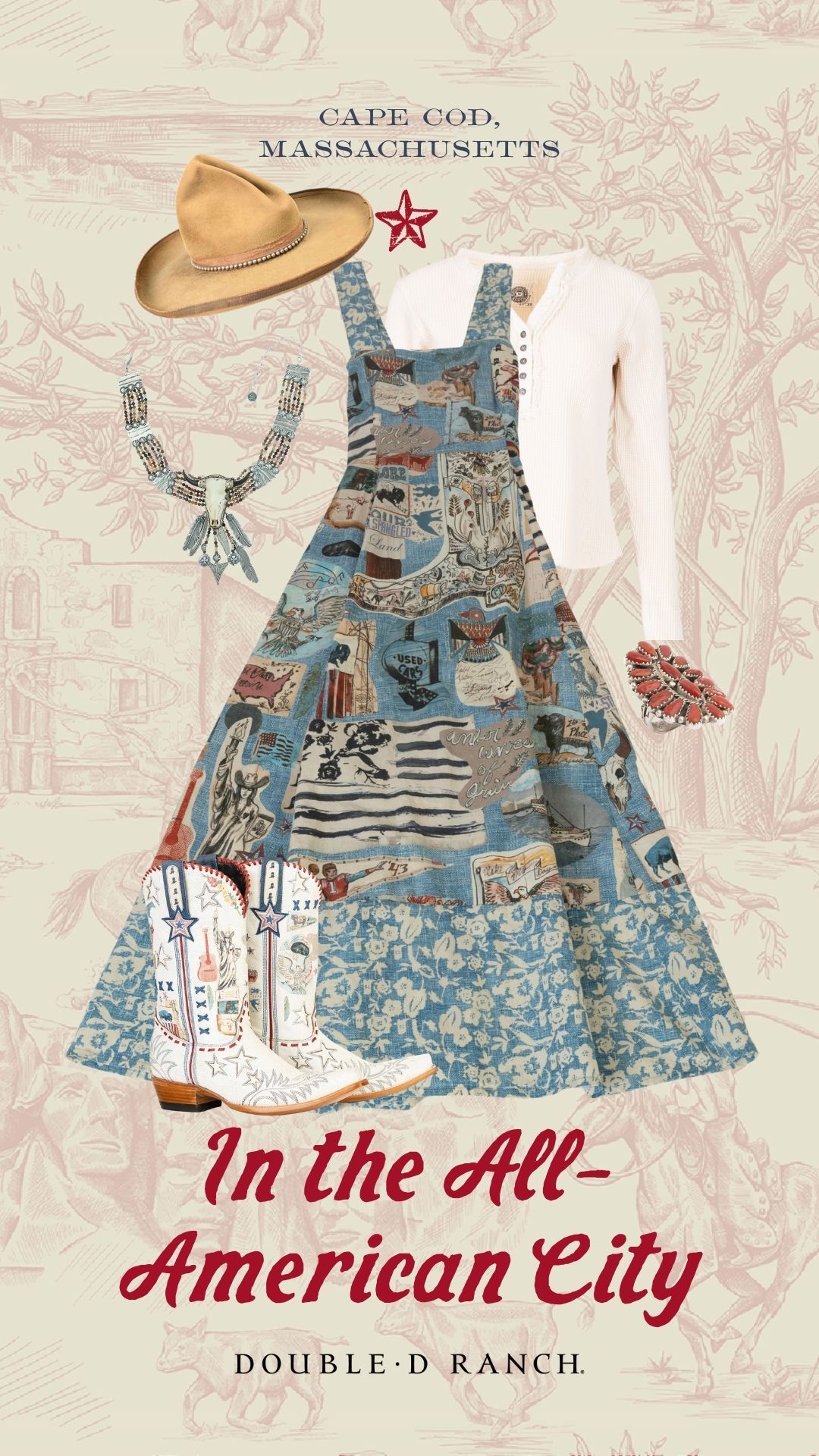 The Sea to Shining Sea Apron Dress with the Bryce Henley, We The Worn Boots, and Double D Ranch accessories.